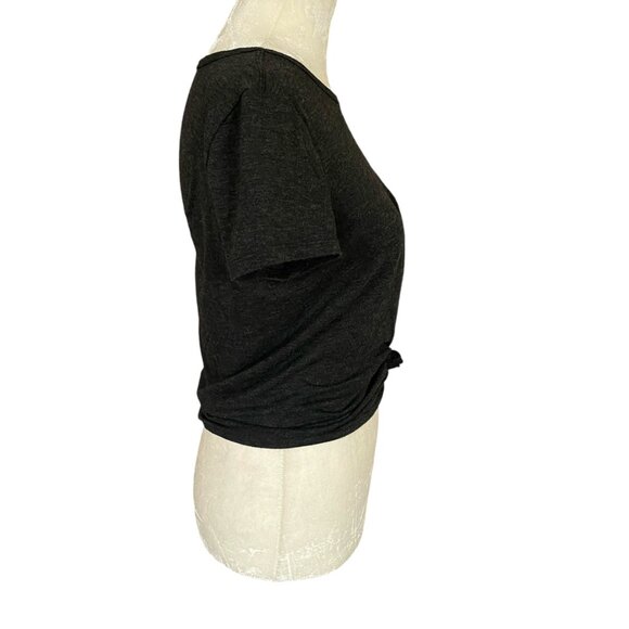 Women's black heather crewneck short sleeve stretchy soft tie front crop top - Picture 3 of 5